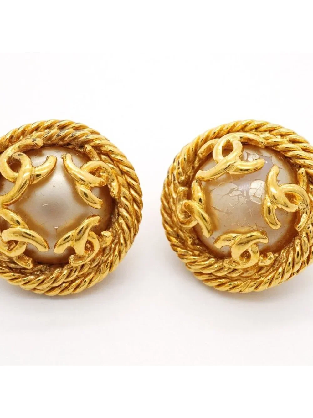 Chanel Earrings Vintage CC Logo Round Circle Gold Plated Faux Pearl